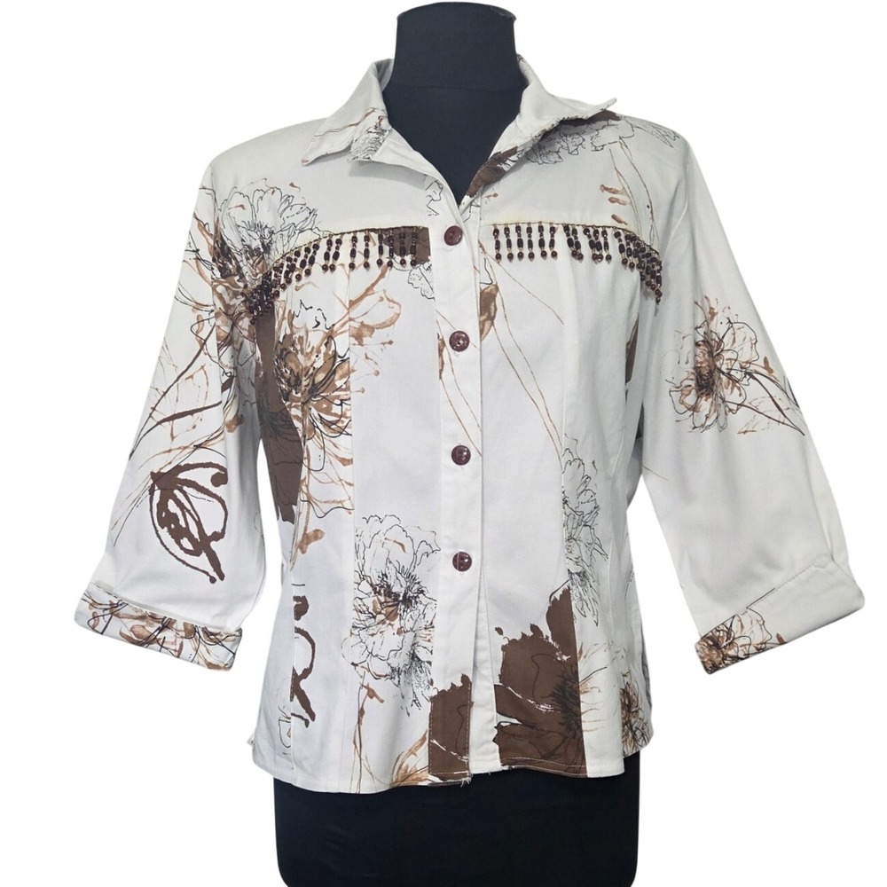 Vintage Lilly of California Floral Beaded Fringe Shirt Jacket Women's Large USA